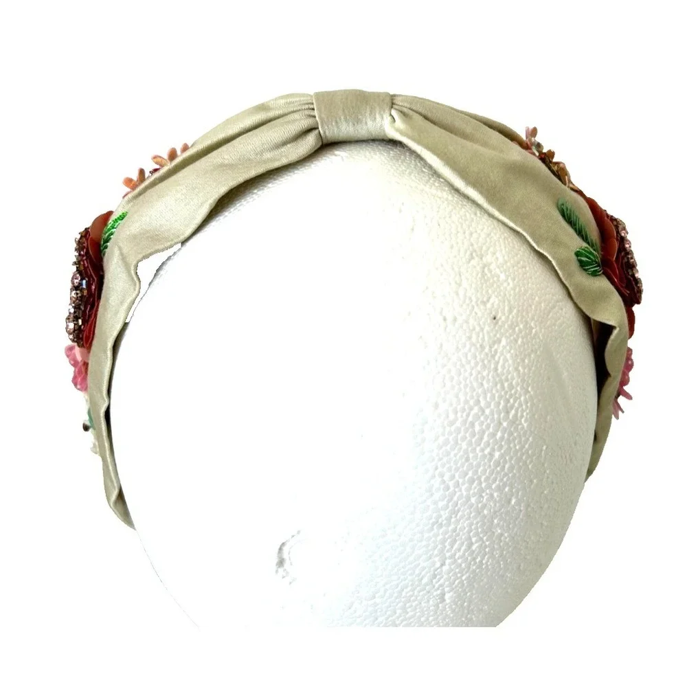 Powder Design Hand Embellished Floral Headband Sequin Bead Sage Pink Boho EUC